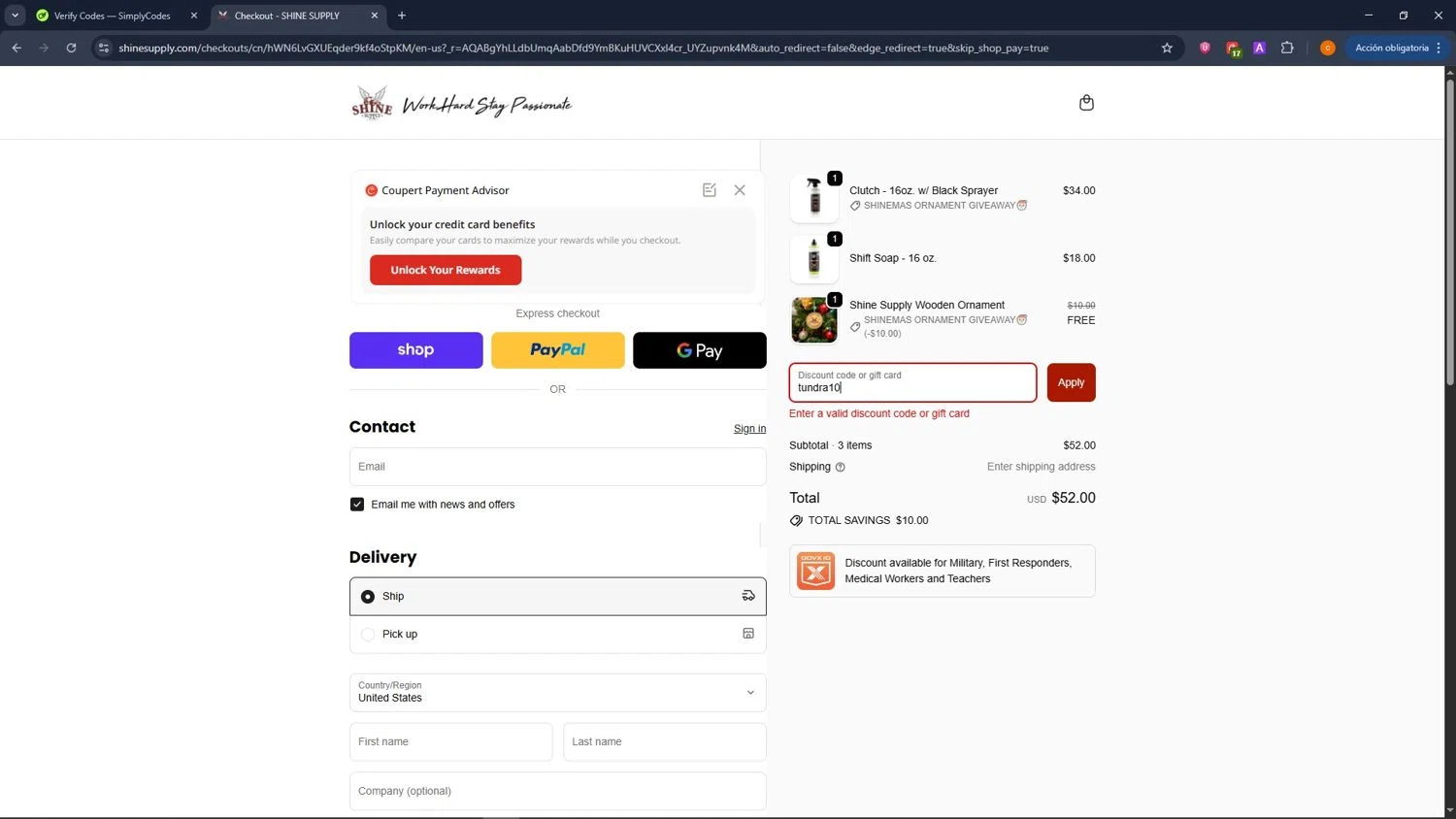 SHINE SUPPLY discount code screenshot showing code tundra10 applied at SHINE SUPPLY checkout page. Uploaded by SimplyCodes community member ShrewdCaptain9911 on Dec 12, 2025
