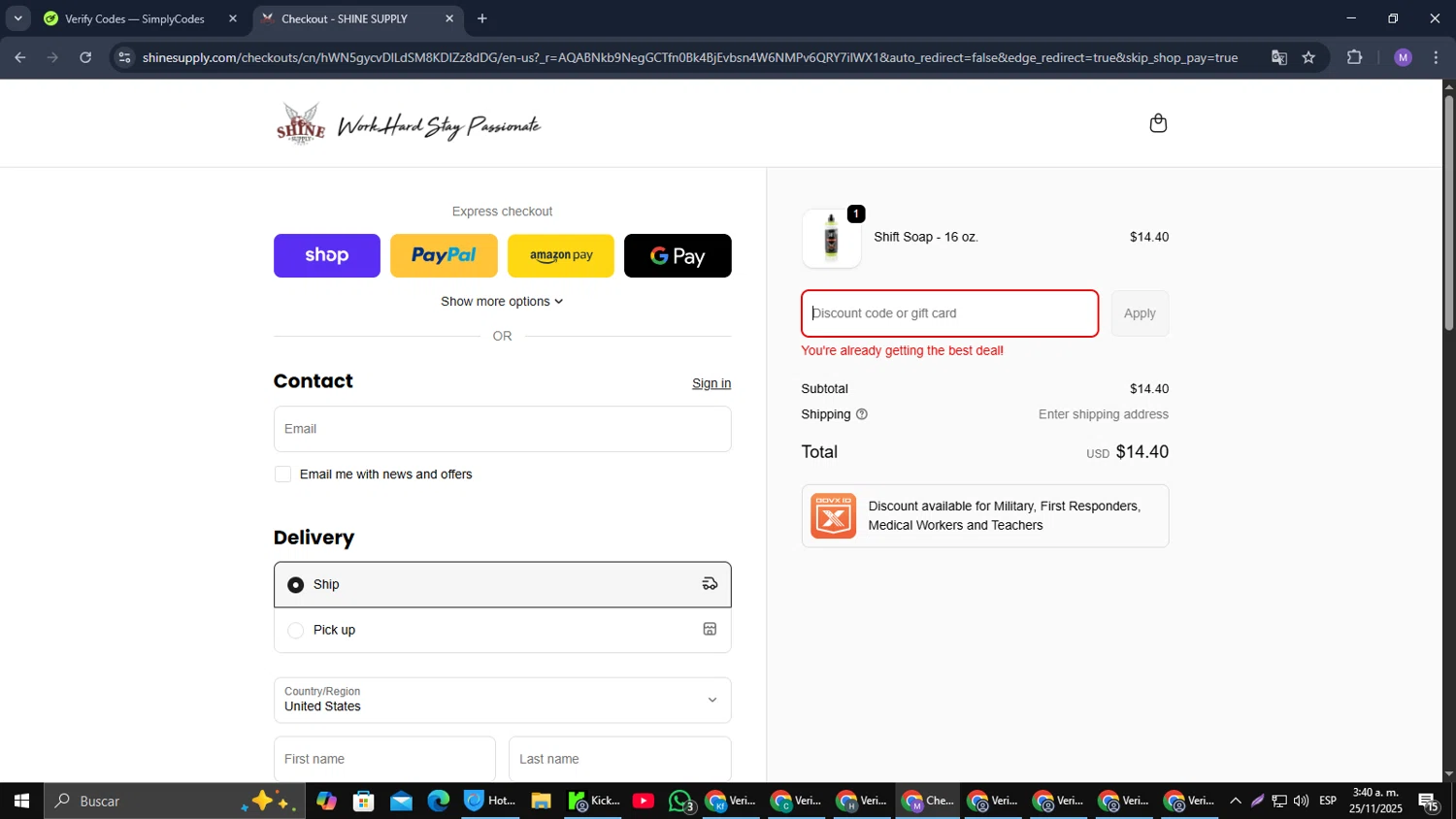 SHINE SUPPLY discount code screenshot showing code #SHINE10 applied at SHINE SUPPLY checkout page. Uploaded by SimplyCodes community member CouponGuardian8137 on Nov 25, 2025