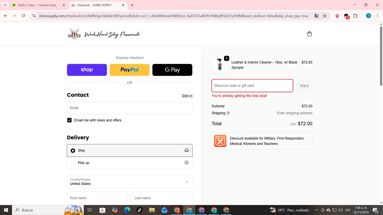 SHINE SUPPLY discount code screenshot showing code #SHINE10 applied at SHINE SUPPLY checkout page. Uploaded by SimplyCodes community member codygakpo on Nov 25, 2025