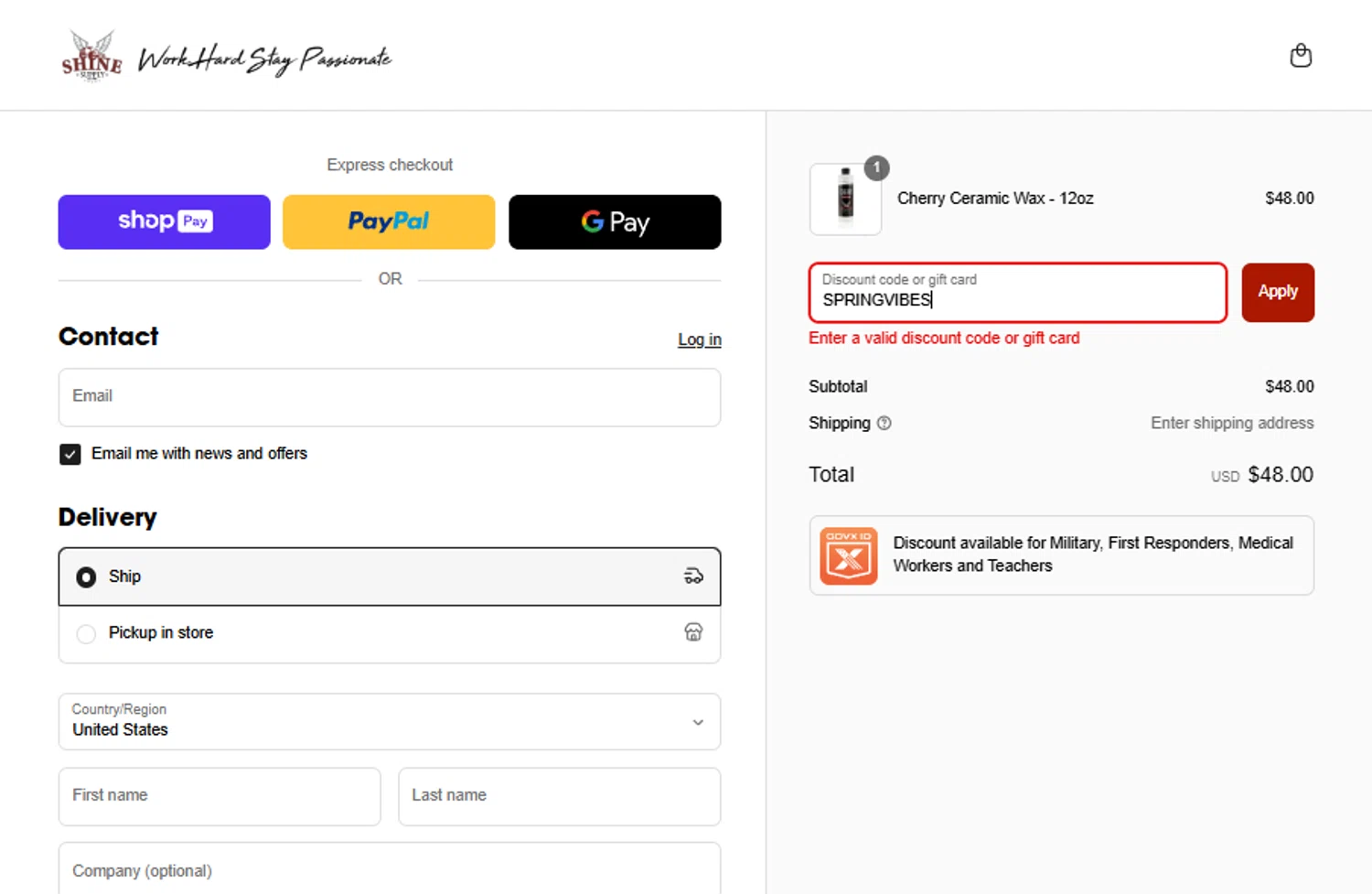 SHINE SUPPLY discount code screenshot showing code SPRINGVIBES applied at SHINE SUPPLY checkout page. Uploaded by SimplyCodes community member gabrielponce on Apr 2, 2025