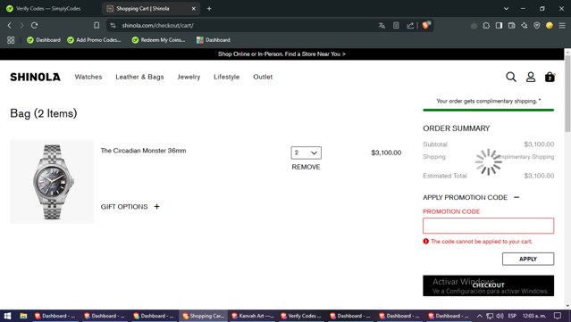 Shinola checkout page showing Shinola discount code box | Screenshot taken by SimplyCodes community member on Feb 27, 2025