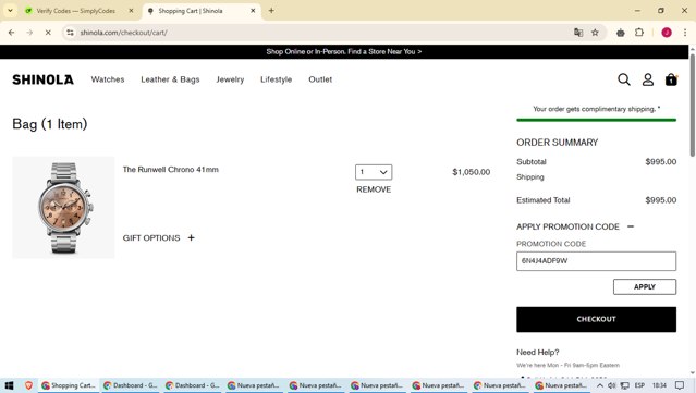 Shinola checkout page showing Shinola discount code box | Screenshot taken by SimplyCodes community member on Mar 10, 2025