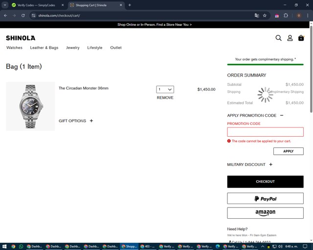 Shinola checkout page showing Shinola discount code box | Screenshot taken by SimplyCodes community member on Mar 14, 2025