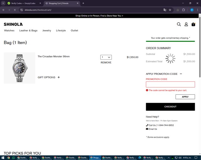 Shinola checkout page showing Shinola discount code box | Screenshot taken by SimplyCodes community member on Mar 14, 2025