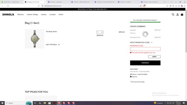 Shinola checkout page showing Shinola discount code box | Screenshot taken by SimplyCodes community member on Mar 1, 2025