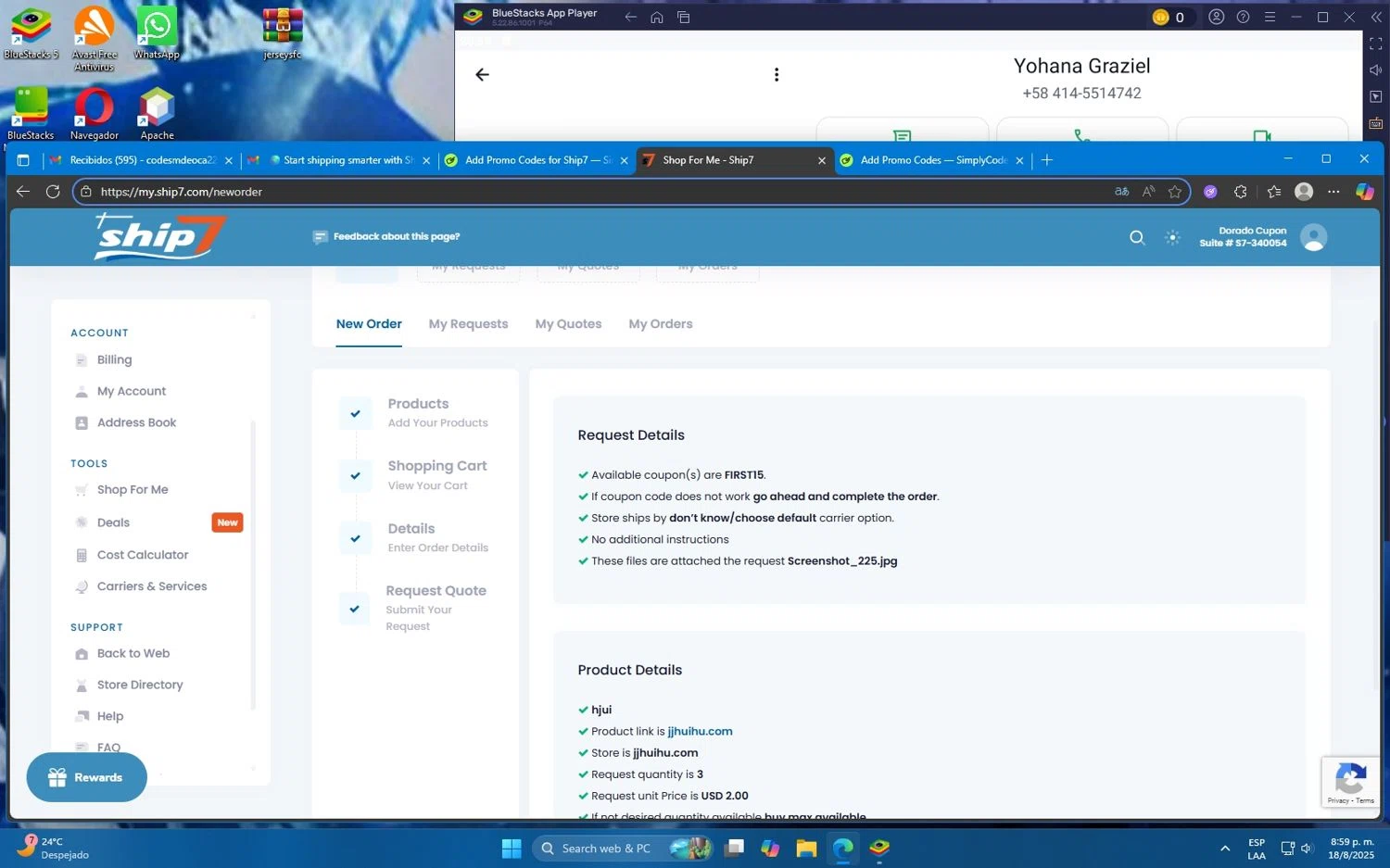Ship7 promo code screenshot showing code FIRST15 applied at Ship7 checkout page. Uploaded by SimplyCodes community member Mdeoca on Aug 19, 2025