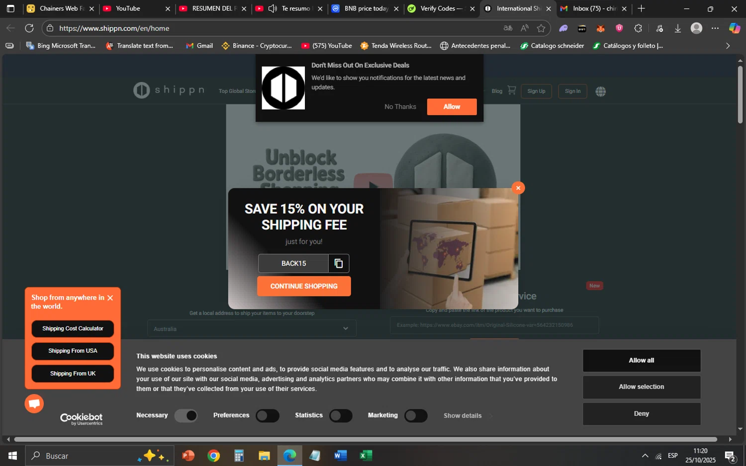 Shippn discount code screenshot showing code BACK15 applied at Shippn checkout page. Uploaded by SimplyCodes community member SaskeUchiha on Oct 25, 2025