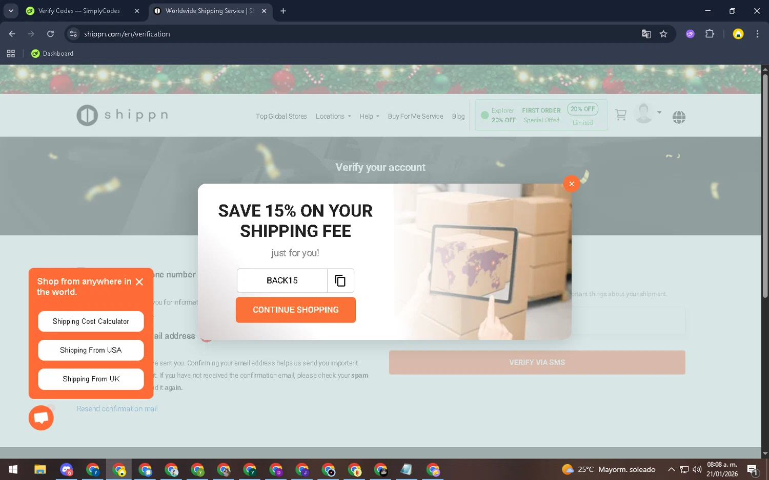 Shippn checkout page showing Shippn discount code box | Screenshot taken by SimplyCodes community member on Jan 21, 2026