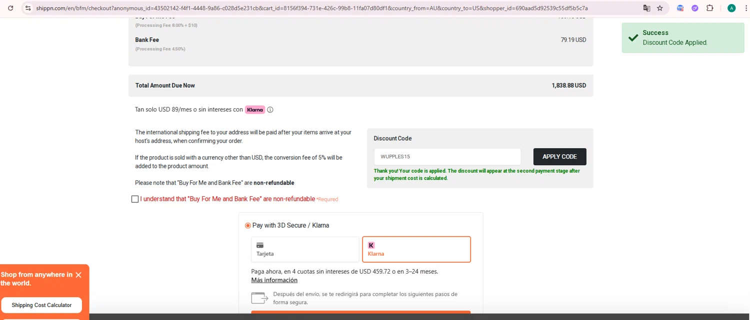 Shippn discount code screenshot showing code WUPPLES15 applied at Shippn checkout page. Uploaded by SimplyCodes community member AlexanderSierraP on Dec 30, 2025