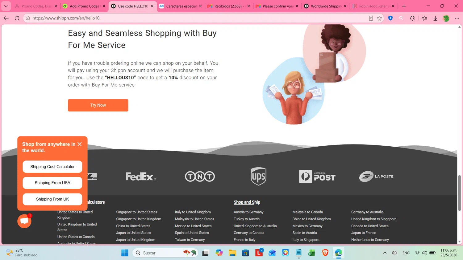 Shippn promo code screenshot showing code HELLOUS10 applied at Shippn checkout page. Uploaded by SimplyCodes community member cosita on May 26, 2026