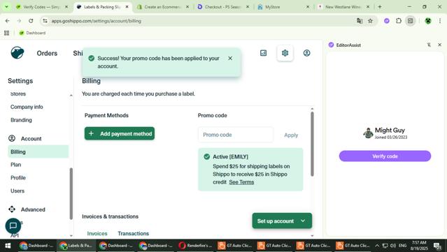 Shippo checkout page showing Shippo promo code box | Screenshot taken by SimplyCodes community member on Aug 19, 2025