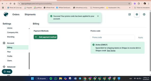Shippo checkout page showing Shippo promo code box | Screenshot taken by SimplyCodes community member on Jun 22, 2025