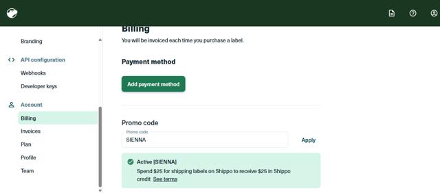 Shippo checkout page showing Shippo promo code box | Screenshot taken by SimplyCodes community member on Sep 2, 2025