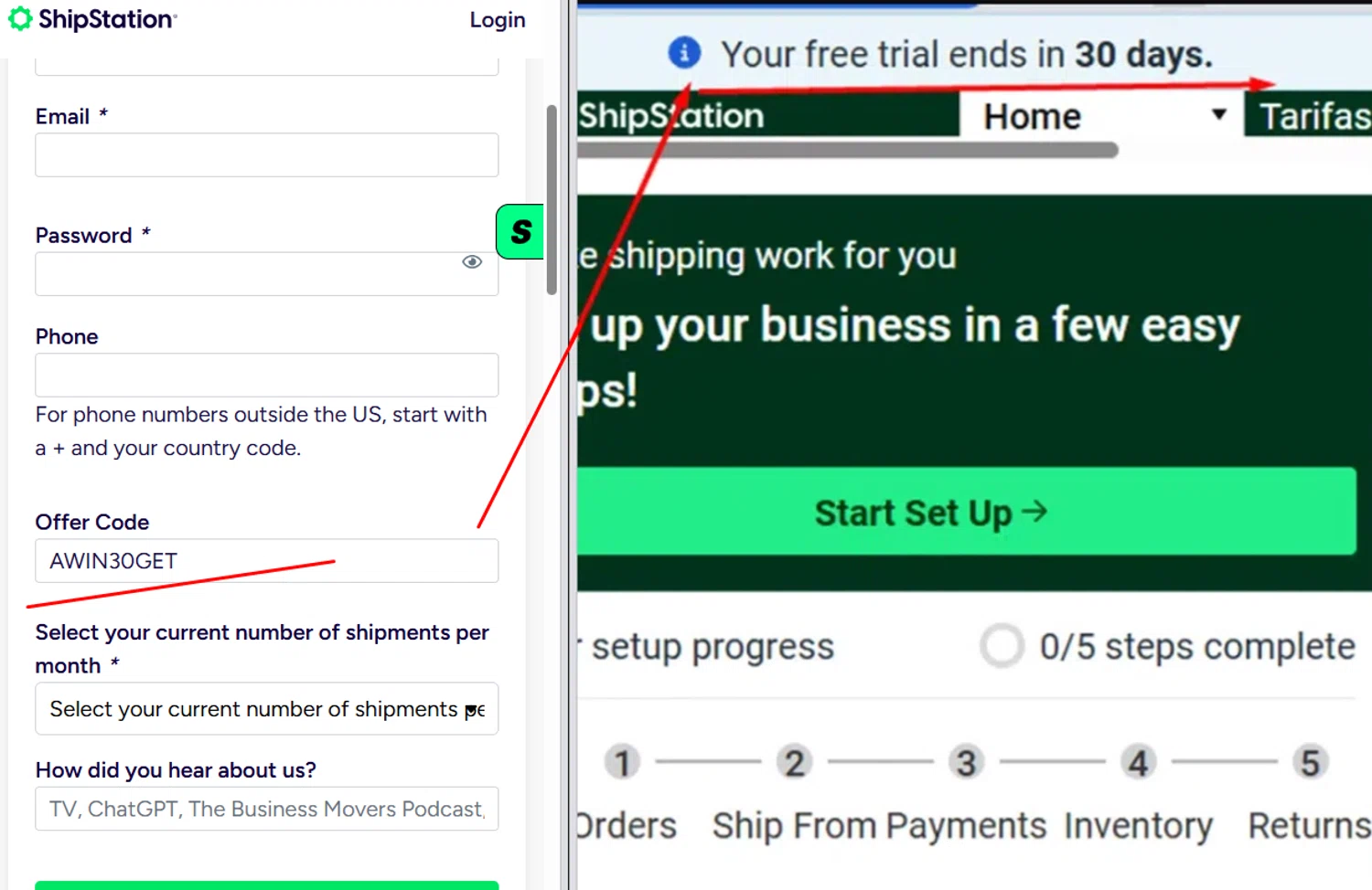 ShipStation promo code screenshot showing code AWIN30GET applied at ShipStation checkout page. Uploaded by SimplyCodes community member paola49520 on Jun 17, 2026