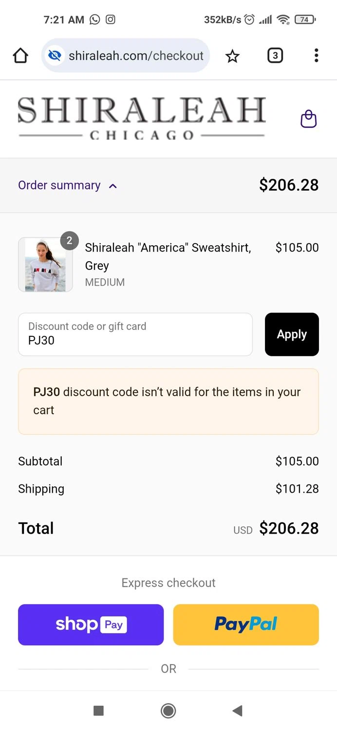 Shiraleah discount code screenshot showing code PJ30 applied at Shiraleah checkout page. Uploaded by SimplyCodes community member Piolin on Jun 26, 2025