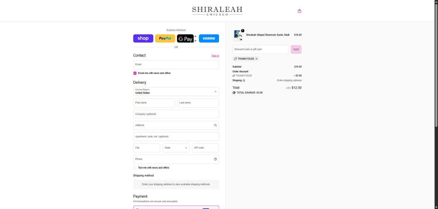 Shiraleah checkout page showing Shiraleah discount code box | Screenshot taken by SimplyCodes community member on Feb 9, 2026