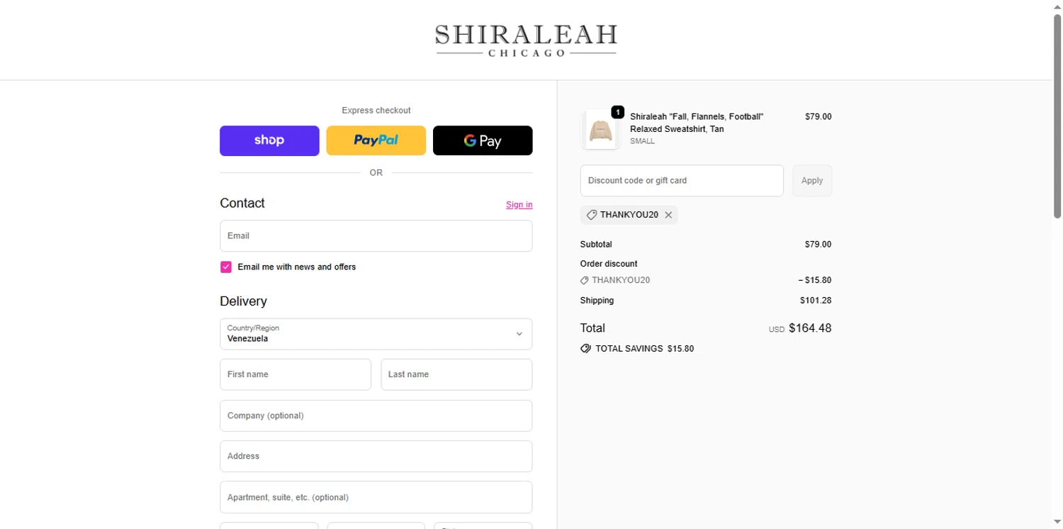 Shiraleah discount code screenshot showing code THANKYOU20 applied at Shiraleah checkout page. Uploaded by SimplyCodes community member renegul on Sep 21, 2025