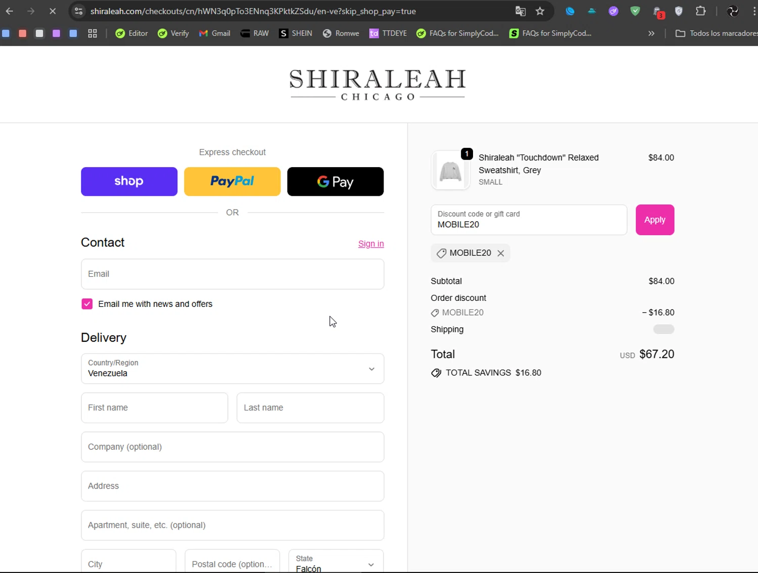 Shiraleah discount code screenshot showing code MOBILE20 applied at Shiraleah checkout page. Uploaded by SimplyCodes community member Ryukyu on Oct 7, 2025