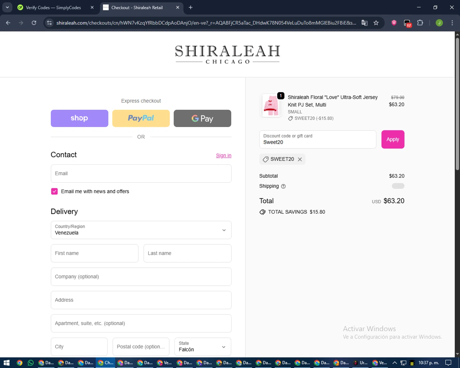 Shiraleah discount code screenshot showing code Sweet20 applied at Shiraleah checkout page. Uploaded by SimplyCodes community member LilBaby on Jan 23, 2026