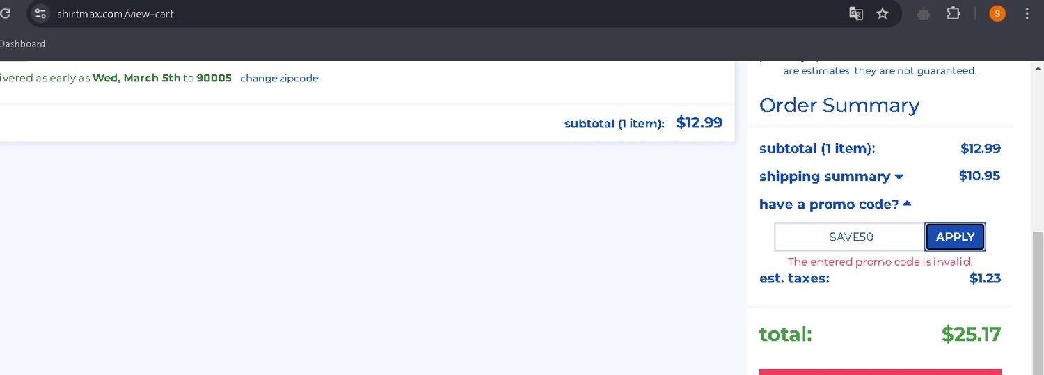 ShirtMax promo code screenshot showing code SAVE50 applied at ShirtMax checkout page. Uploaded by SimplyCodes community member BrolySama on Mar 1, 2025
