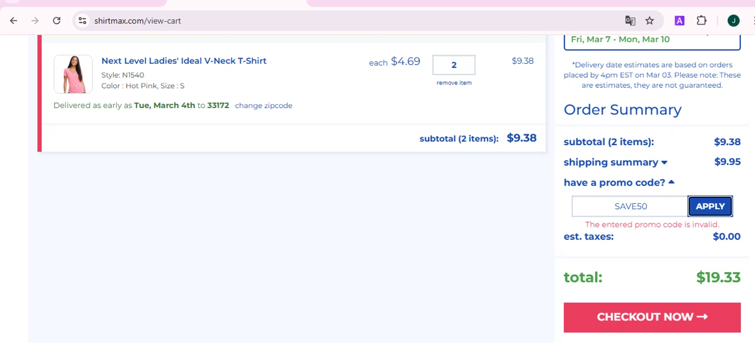 ShirtMax promo code screenshot showing code SAVE50 applied at ShirtMax checkout page. Uploaded by SimplyCodes community member ShieldCaptain7812 on Mar 1, 2025