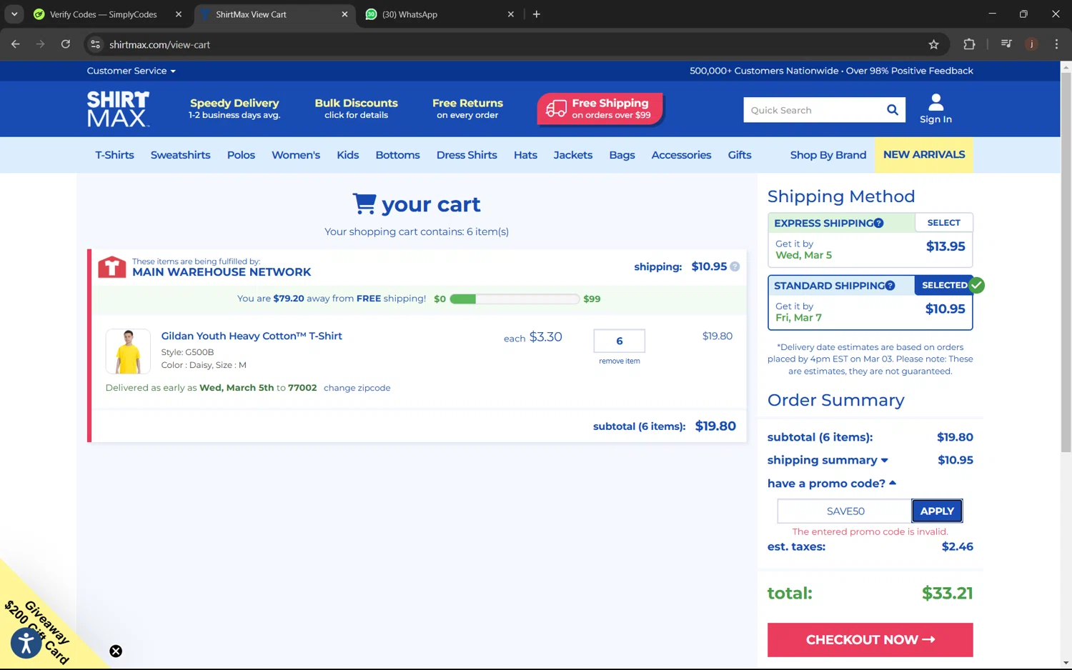 ShirtMax promo code screenshot showing code SAVE50 applied at ShirtMax checkout page. Uploaded by SimplyCodes community member juanx1702 on Mar 1, 2025