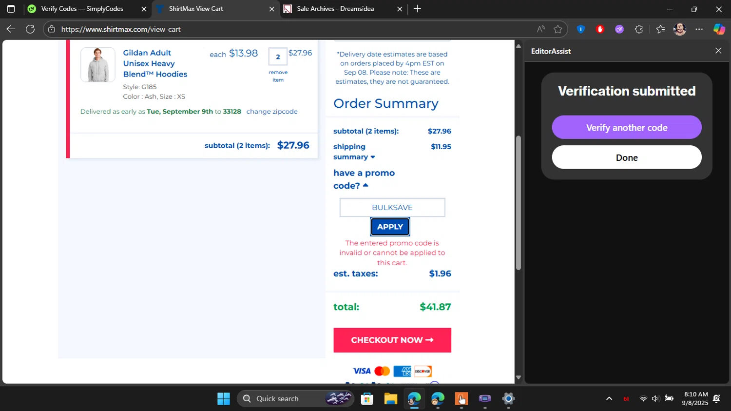 ShirtMax checkout page showing ShirtMax promo code box | Screenshot taken by SimplyCodes community member on Sep 8, 2025