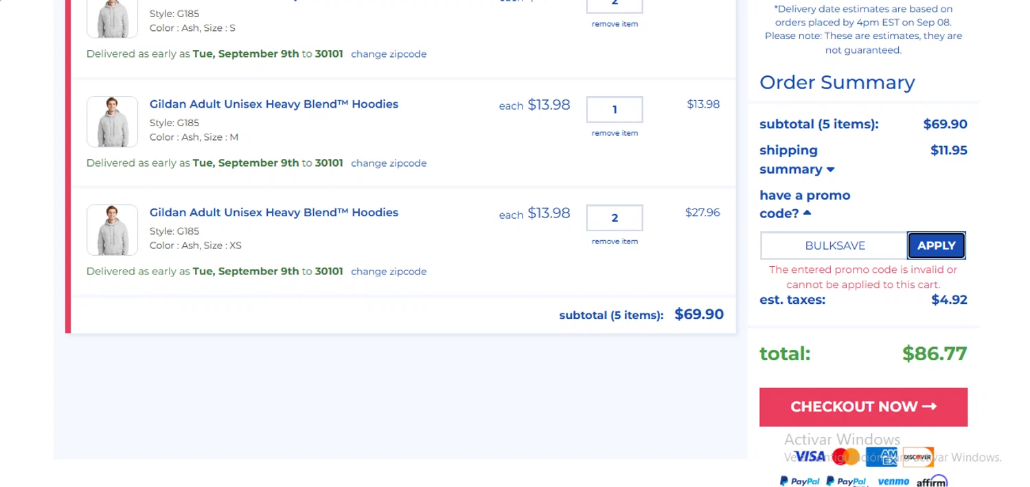ShirtMax promo code screenshot showing code BULKSAVE applied at ShirtMax checkout page. Uploaded by SimplyCodes community member RewardLynx9164 on Sep 8, 2025
