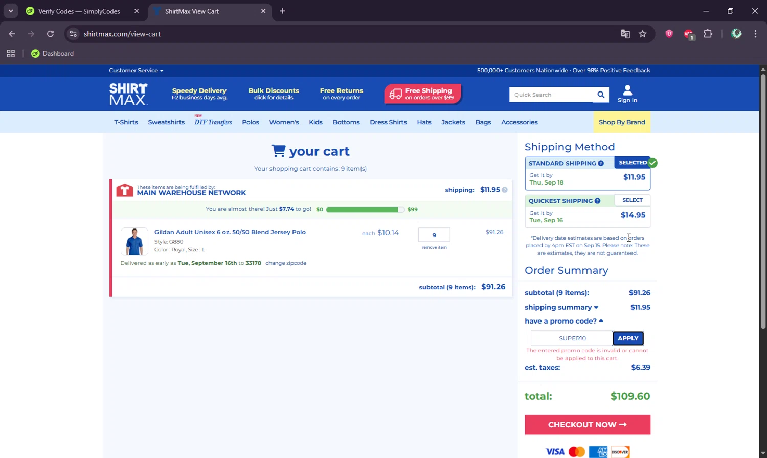 ShirtMax promo code screenshot showing code SUPER10 applied at ShirtMax checkout page. Uploaded by SimplyCodes community member BudgetWizard6950 on Sep 14, 2025
