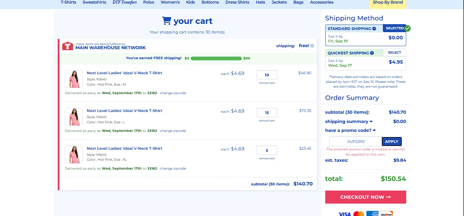 ShirtMax promo code screenshot showing code SUPER10 applied at ShirtMax checkout page. Uploaded by SimplyCodes community member larenacida on Sep 14, 2025