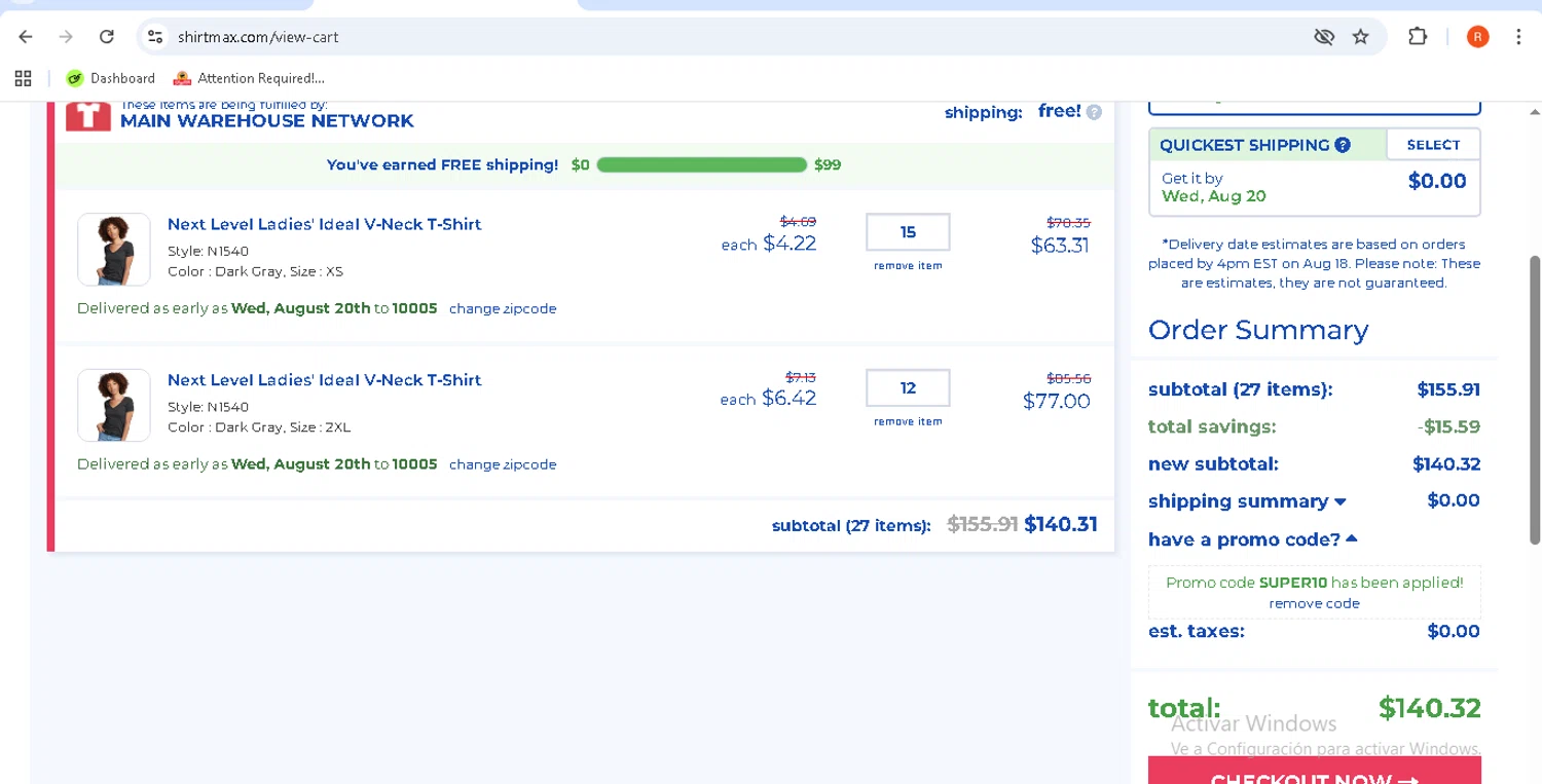 ShirtMax promo code screenshot showing code SUPER10 applied at ShirtMax checkout page. Uploaded by SimplyCodes community member rodolfocaraballo on Aug 16, 2025