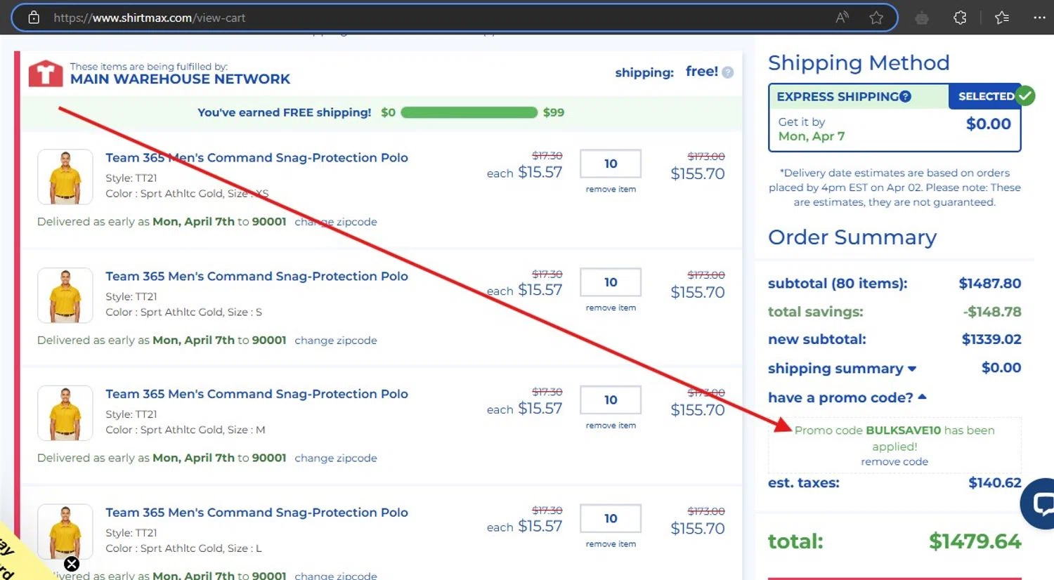 ShirtMax promo code screenshot showing code BULKSAVE10 applied at ShirtMax checkout page. Uploaded by SimplyCodes community member HonestVzla on Apr 2, 2025