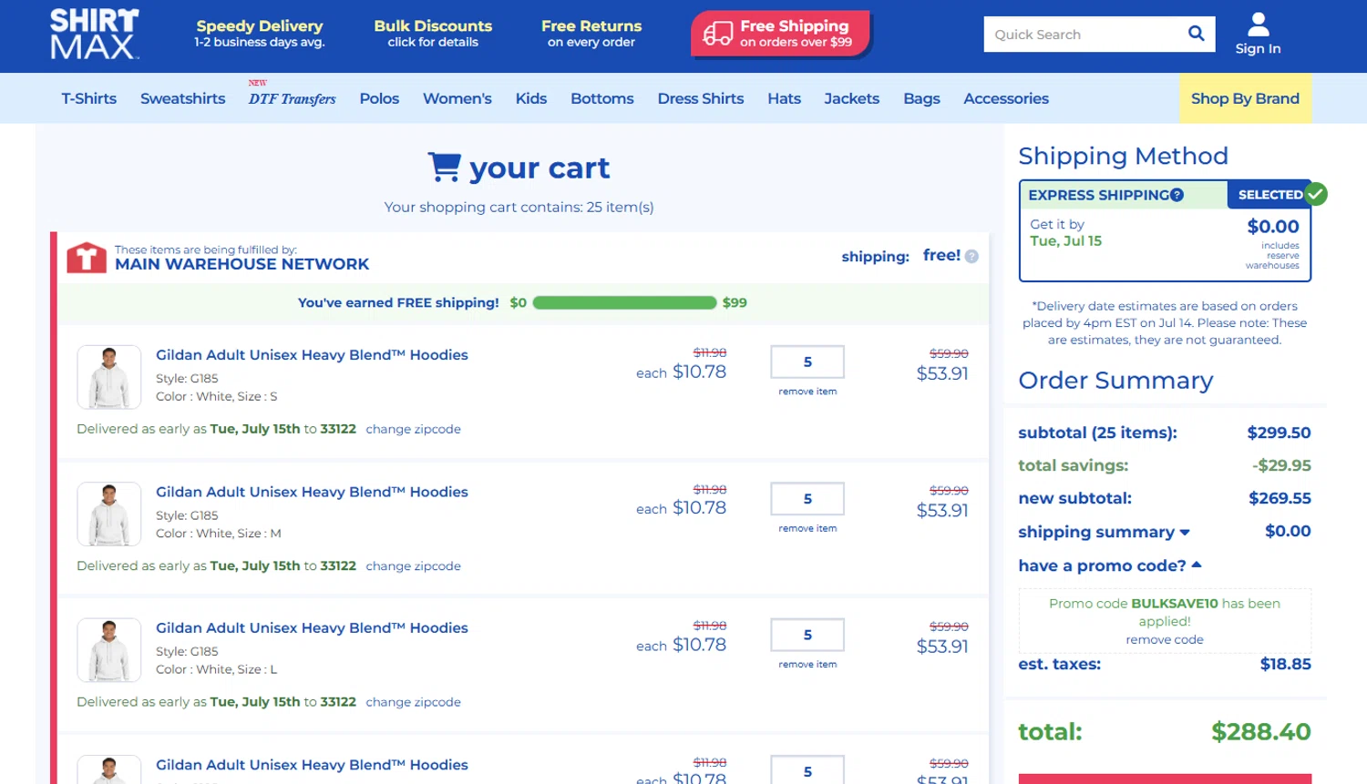 ShirtMax promo code screenshot showing code BULKSAVE10 applied at ShirtMax checkout page. Uploaded by SimplyCodes community member ricardoramirez1 on Jul 12, 2025