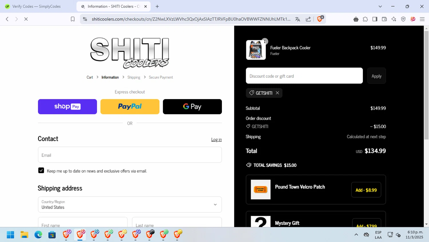 Shiti Coolers discount code screenshot showing code GETSHITI applied at Shiti Coolers checkout page. Uploaded by SimplyCodes community member BlueBerry on Mar 11, 2025