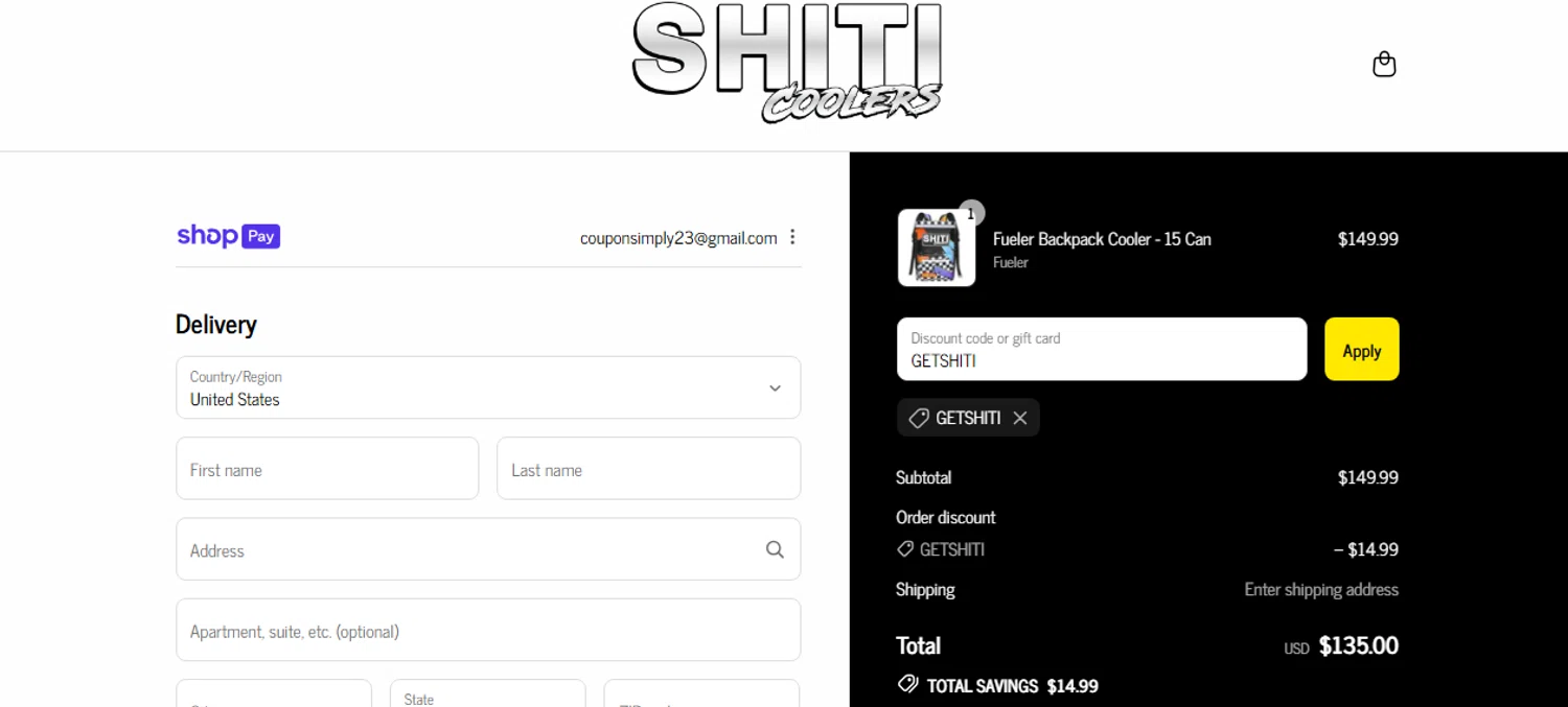 Shiti Coolers discount code screenshot showing code GETSHITI applied at Shiti Coolers checkout page. Uploaded by SimplyCodes community member Chrisyks on Aug 1, 2025
