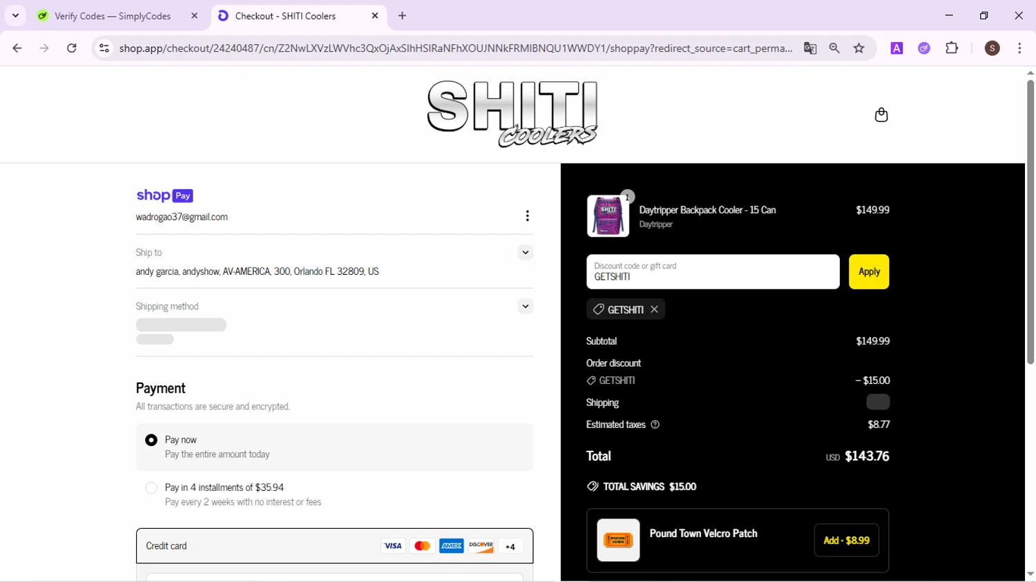 Shiti Coolers discount code screenshot showing code GETSHITI applied at Shiti Coolers checkout page. Uploaded by SimplyCodes community member QuestPhoenix2794 on Jun 11, 2025