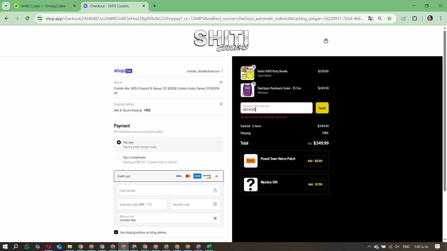 Shiti Coolers discount code screenshot showing code WEEKEND applied at Shiti Coolers checkout page. Uploaded by SimplyCodes community member Mari_perez on Aug 14, 2025