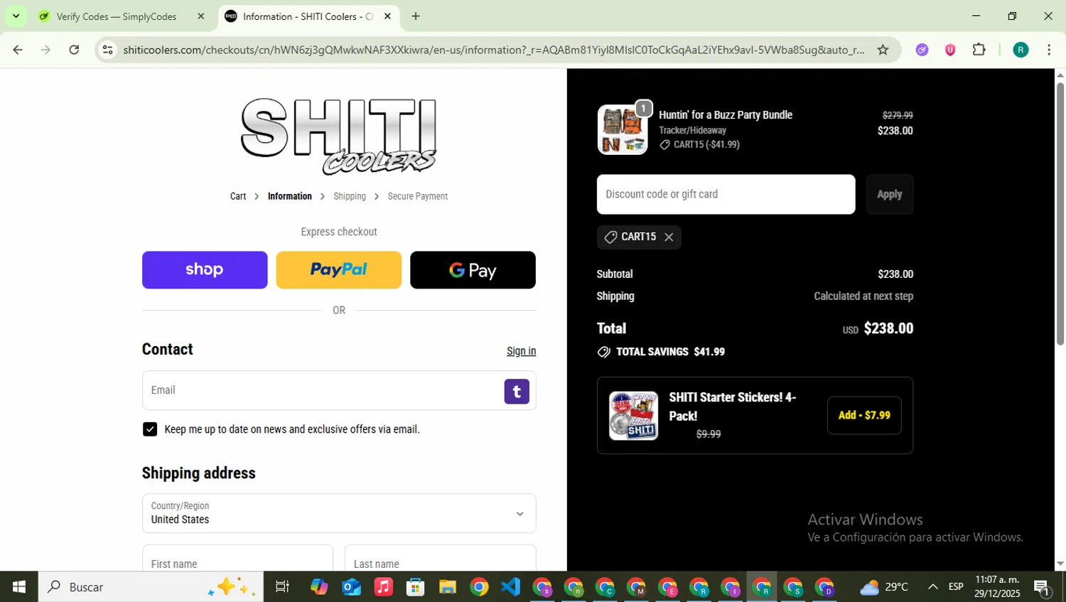 Shiti Coolers discount code screenshot showing code CART15 applied at Shiti Coolers checkout page. Uploaded by SimplyCodes community member SavingsLegend387 on Dec 29, 2025