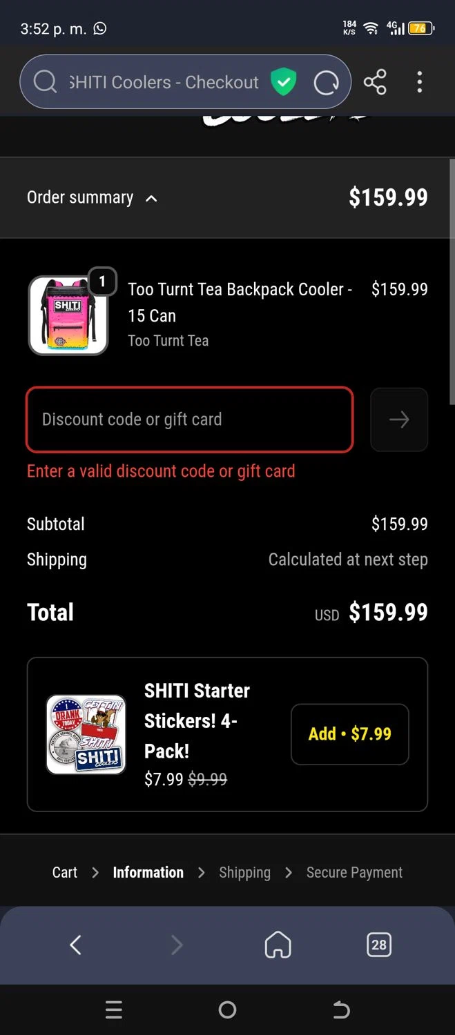 Shiti Coolers discount code screenshot showing code BF2025 applied at Shiti Coolers checkout page. Uploaded by SimplyCodes community member chepipi on Dec 29, 2025