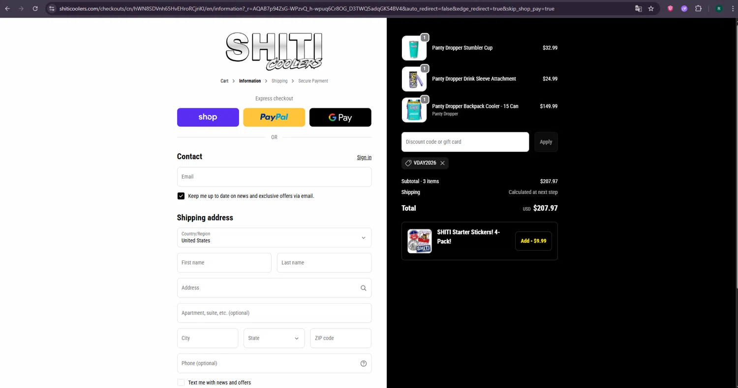 Shiti Coolers checkout page showing Shiti Coolers discount code box | Screenshot taken by SimplyCodes community member on Feb 6, 2026