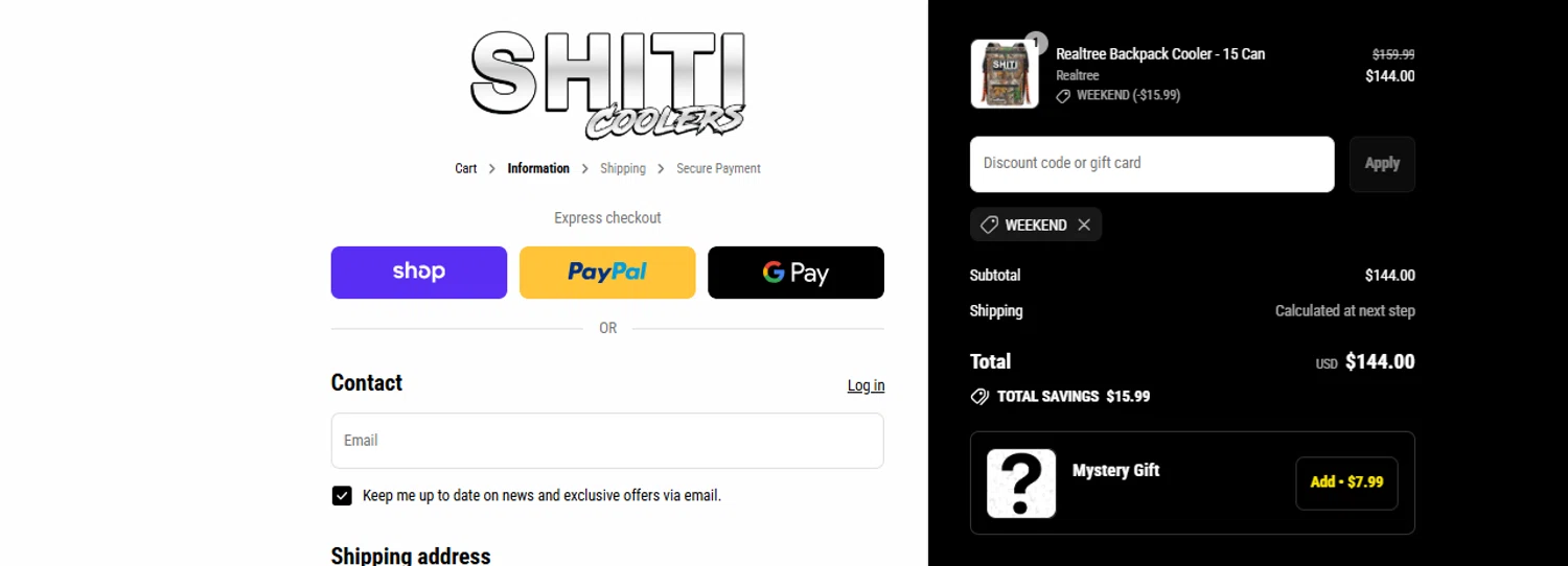 Shiti Coolers discount code screenshot showing code WEEKEND applied at Shiti Coolers checkout page. Uploaded by SimplyCodes community member ashe1986 on Sep 6, 2025