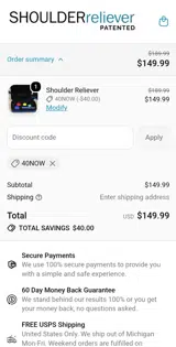 SHOULDERreliever coupon verification screenshot