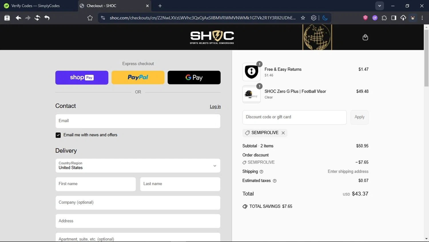 Shoc discount code screenshot showing code SEMIPROLIVE applied at Shoc checkout page. Uploaded by SimplyCodes community member User_Randon1 on Jun 21, 2025