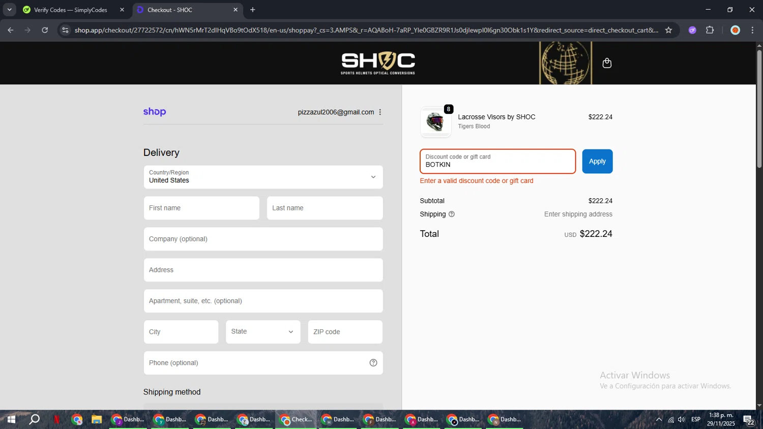 Shoc discount code screenshot showing code BOTKIN applied at Shoc checkout page. Uploaded by SimplyCodes community member BonusCaptain9927 on Nov 29, 2025