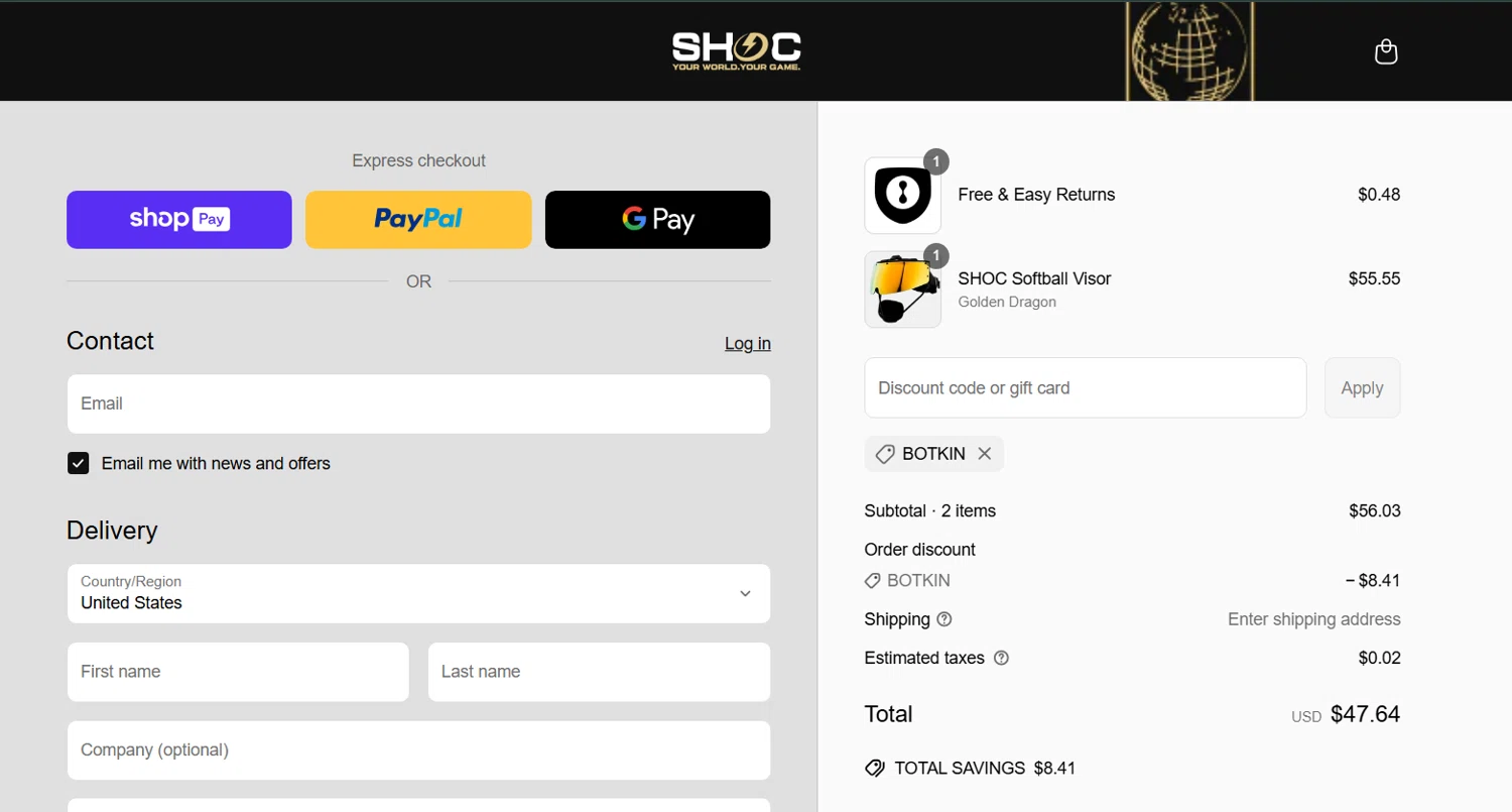 Shoc discount code screenshot showing code BOTKIN applied at Shoc checkout page. Uploaded by SimplyCodes community member Sanemi on May 2, 2025
