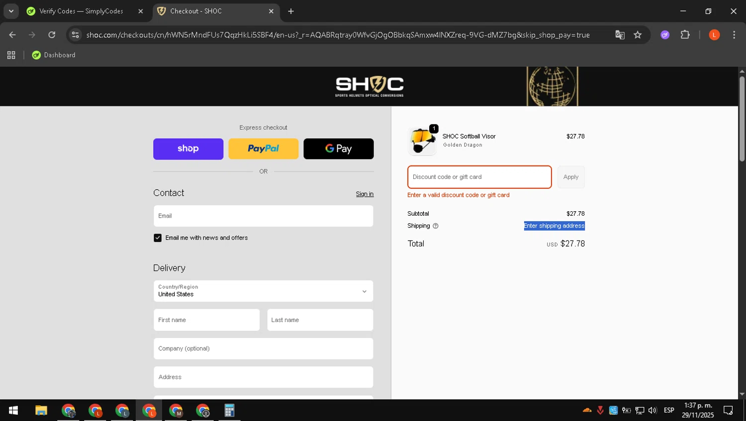Shoc discount code screenshot showing code BOTKIN applied at Shoc checkout page. Uploaded by SimplyCodes community member luissdbv4 on Nov 29, 2025