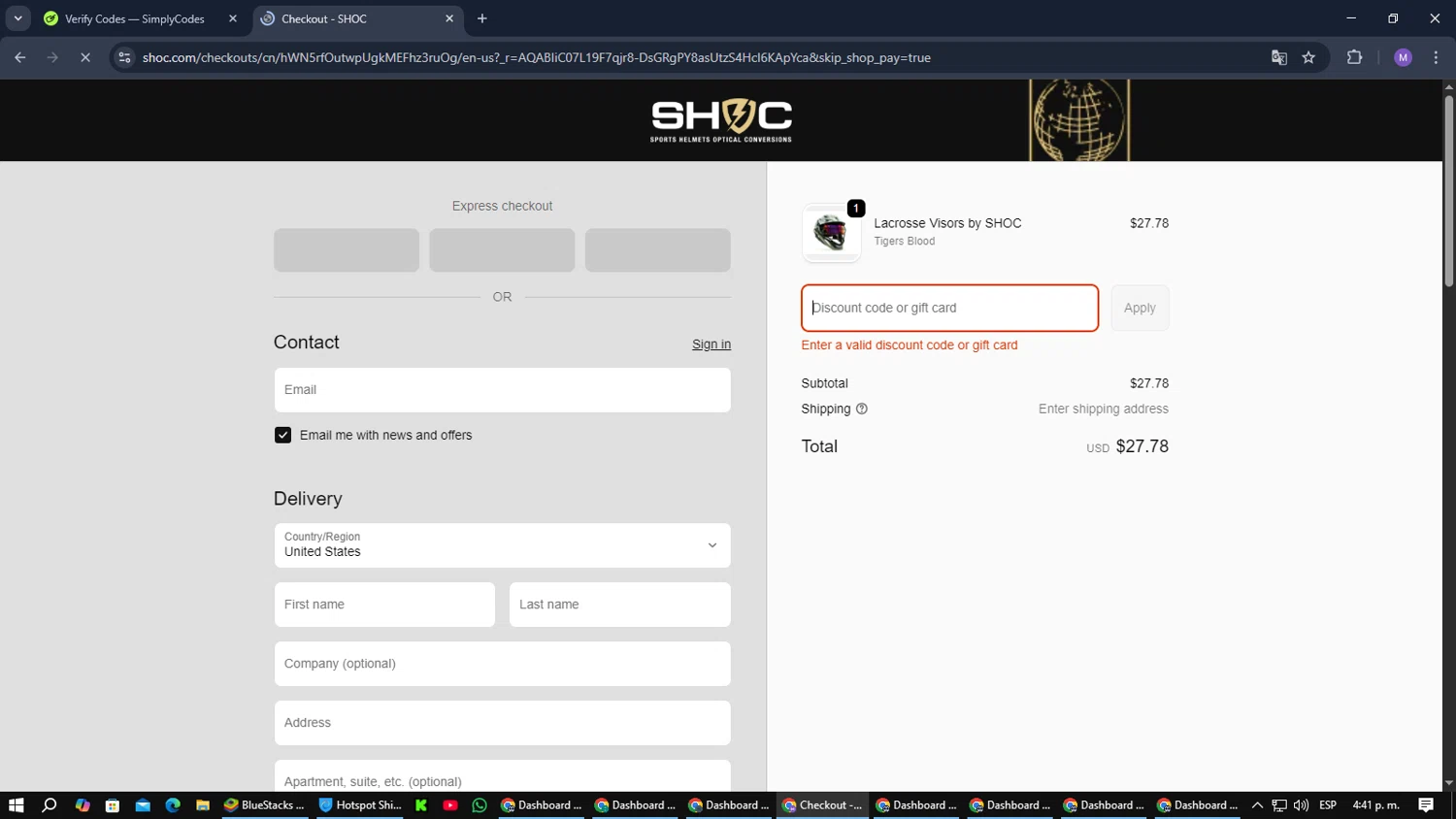 Shoc discount code screenshot showing code SHOCLewis applied at Shoc checkout page. Uploaded by SimplyCodes community member CouponGuardian8137 on Nov 29, 2025