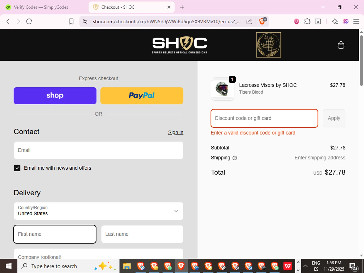 Shoc discount code screenshot showing code TEAMSWAG applied at Shoc checkout page. Uploaded by SimplyCodes community member Joserafa on Nov 29, 2025