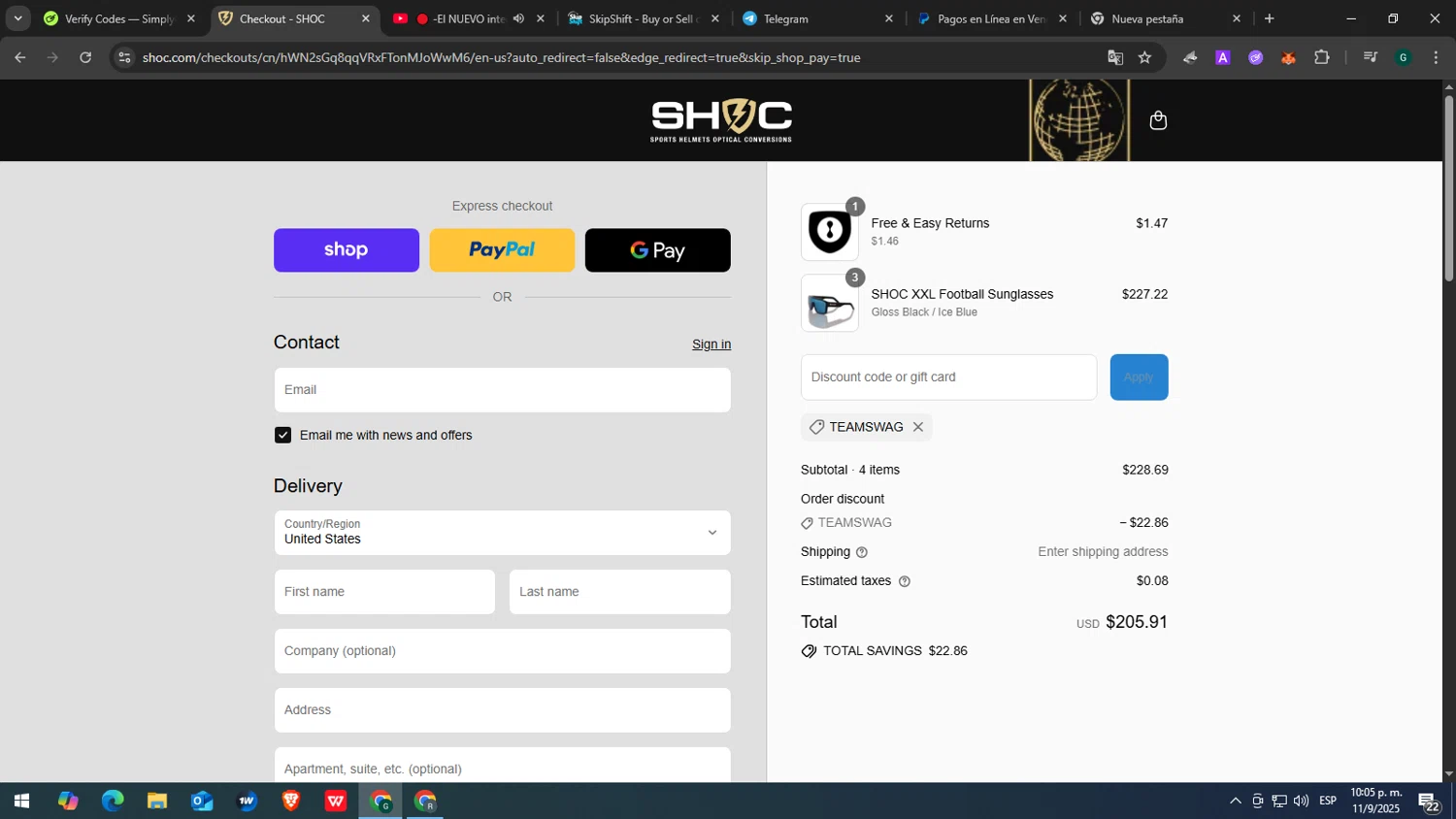 Shoc discount code screenshot showing code TEAMSWAG applied at Shoc checkout page. Uploaded by SimplyCodes community member yasabesssss on Sep 12, 2025