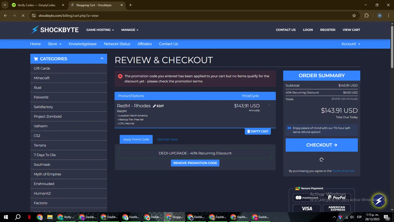 Shockbyte promo code screenshot showing code DEDI-UPGRADE applied at Shockbyte checkout page. Uploaded by SimplyCodes community member YAMAHA on Dec 28, 2025